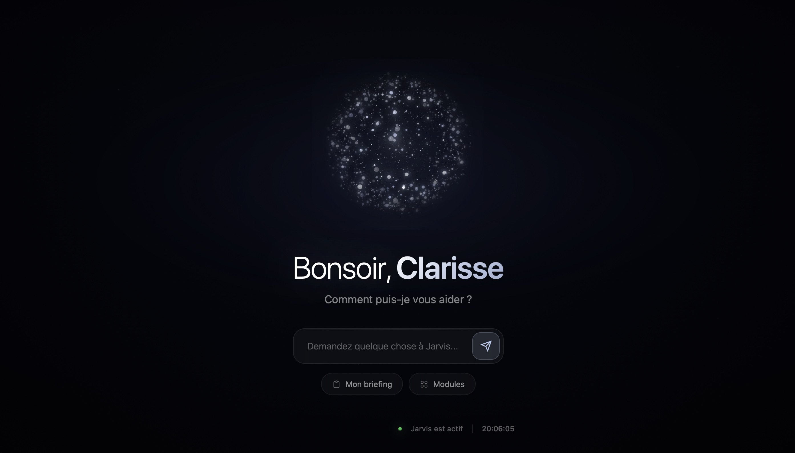 Jarvis AI Dashboard - Personal assistant interface showing greeting and quick actions